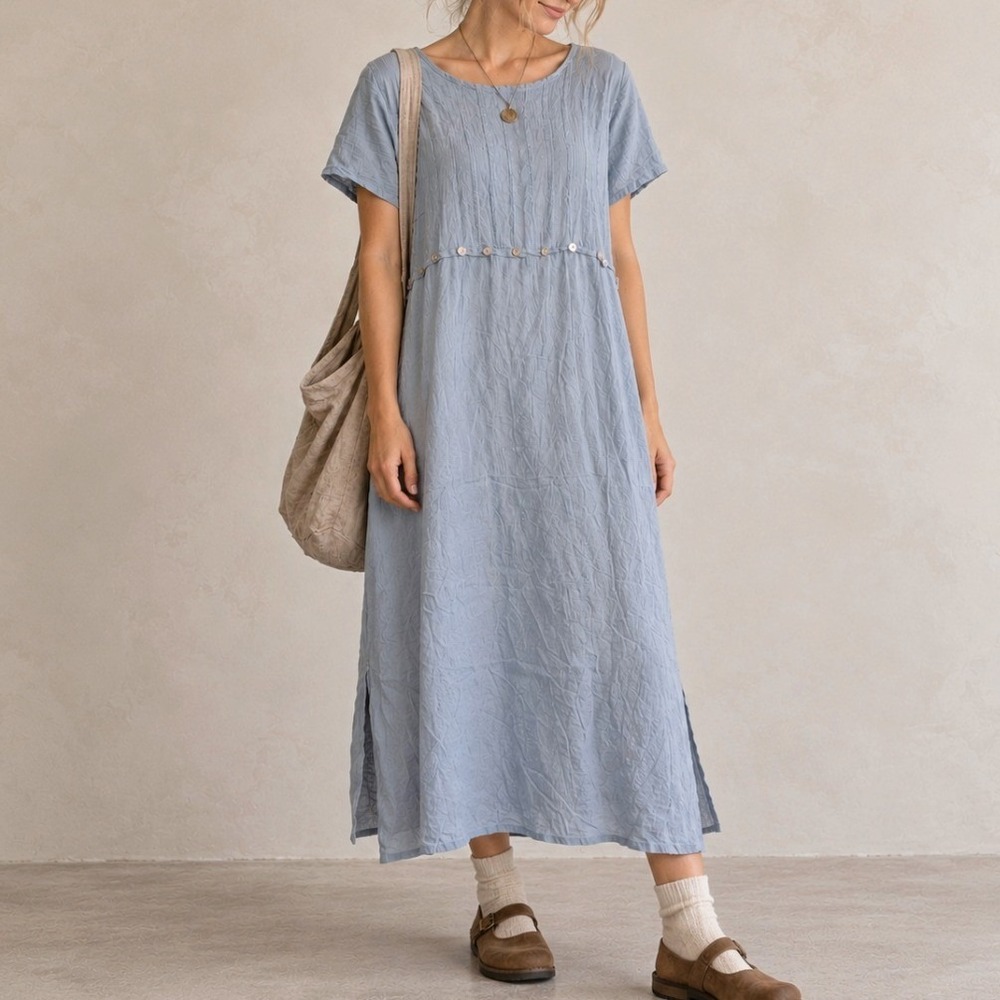 Vintage Linen Blend Midi Dress Pintuck 22 Blue Lagenlook Coastal Cottage 1990s
